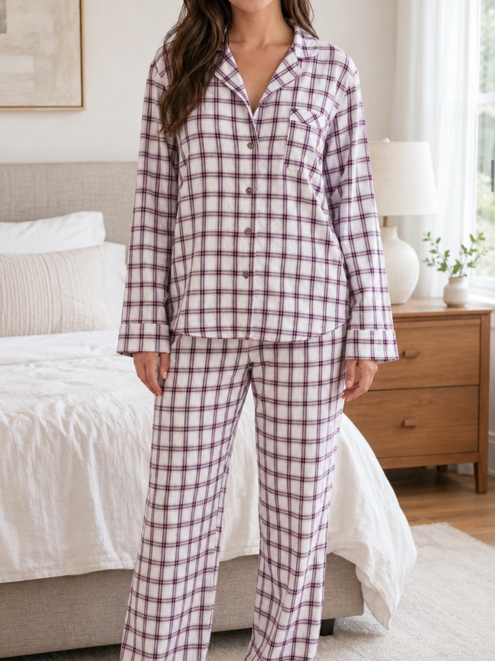 Victoria's Secret White & Purple Plaid Button-Front Pajama Set